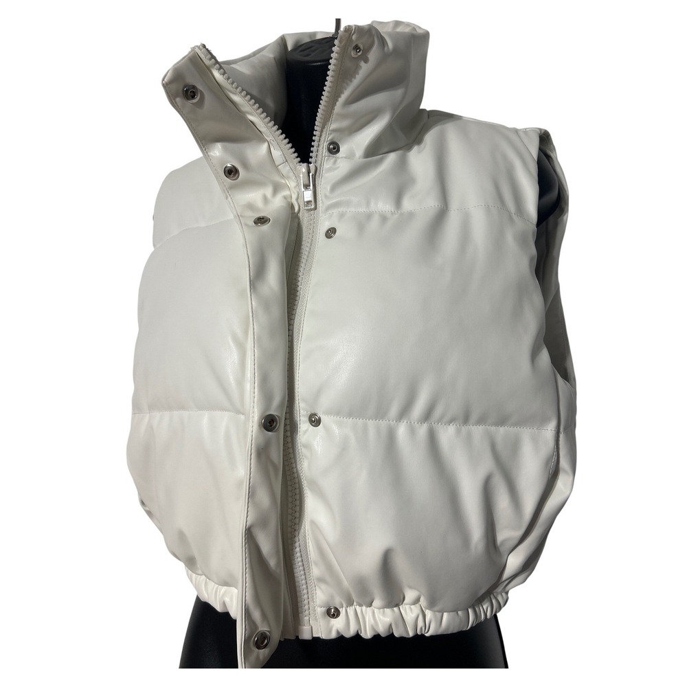 COMMENSE Women White Faux Leather Puffer Vest Cropped High Funnel Neck Zip S - Picture 5 of 6